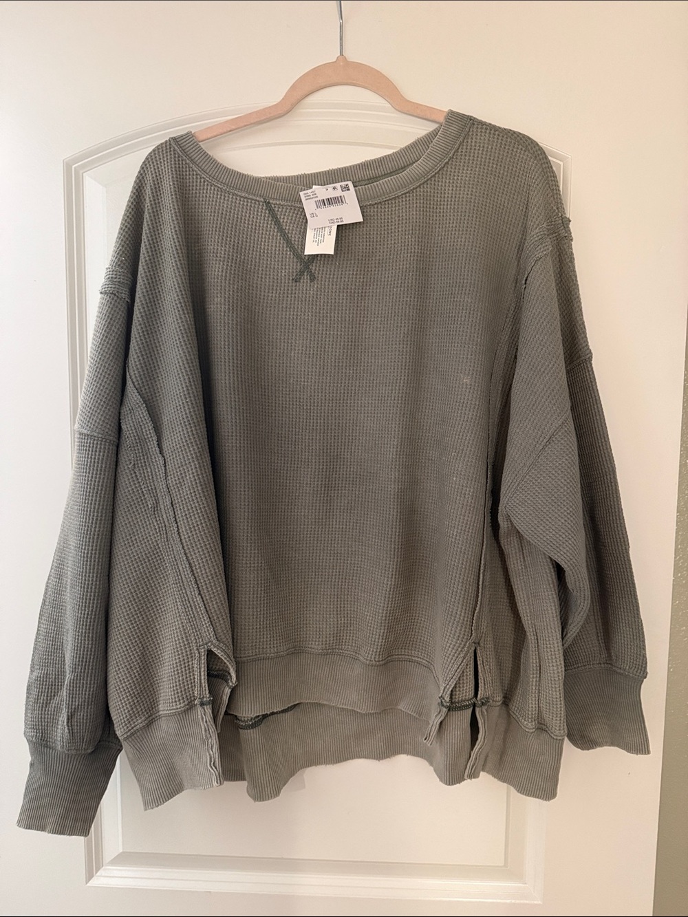 American Eagle Outfitters Olive Green Waffle Crewneck Sweater